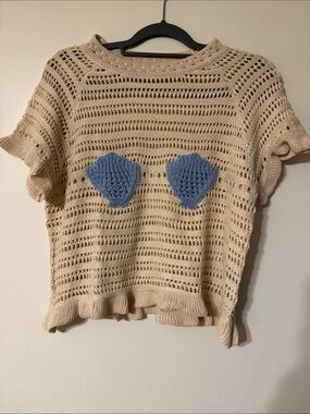 Beige Crochet Knit Top with Blue Shell Appliqués